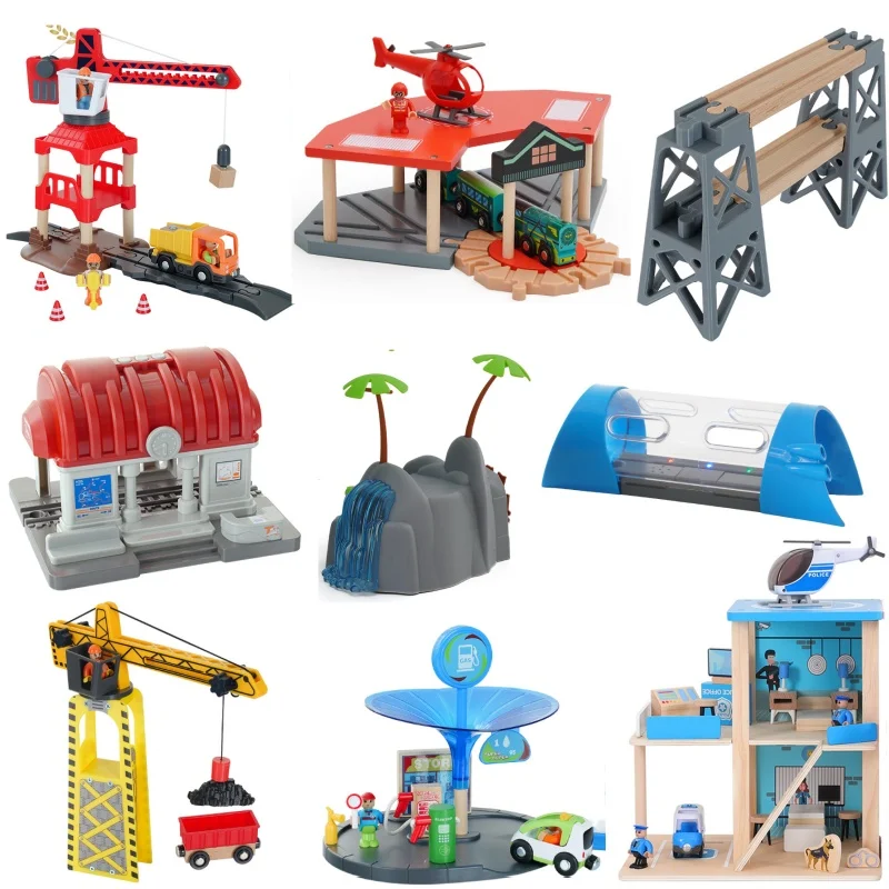 Color: Pink - Wooden Train Track Railway Bridge Tunnel Accessories Fit Police Station Scene for Brio Wood Train Pieces Educational Toys