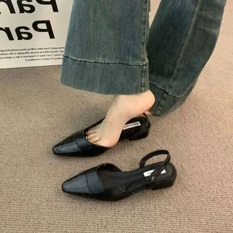 Color: black, Shoe Size: 42 - 24Low Heel Baotou Sandals Women's French Nude Color Pointed Small Fragrant Style Ladies Thick Heels Back Air Style Single Shoes