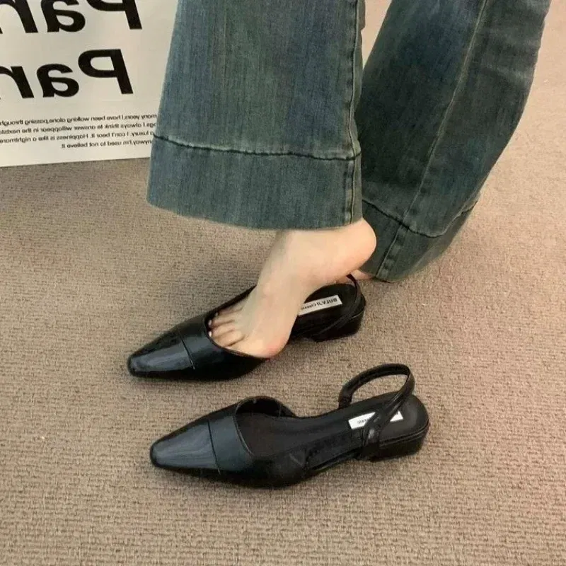 Color: black, Shoe Size: 42 - 24Low Heel Baotou Sandals Women's French Nude Color Pointed Small Fragrant Style Ladies Thick Heels Back Air Style Single Shoes