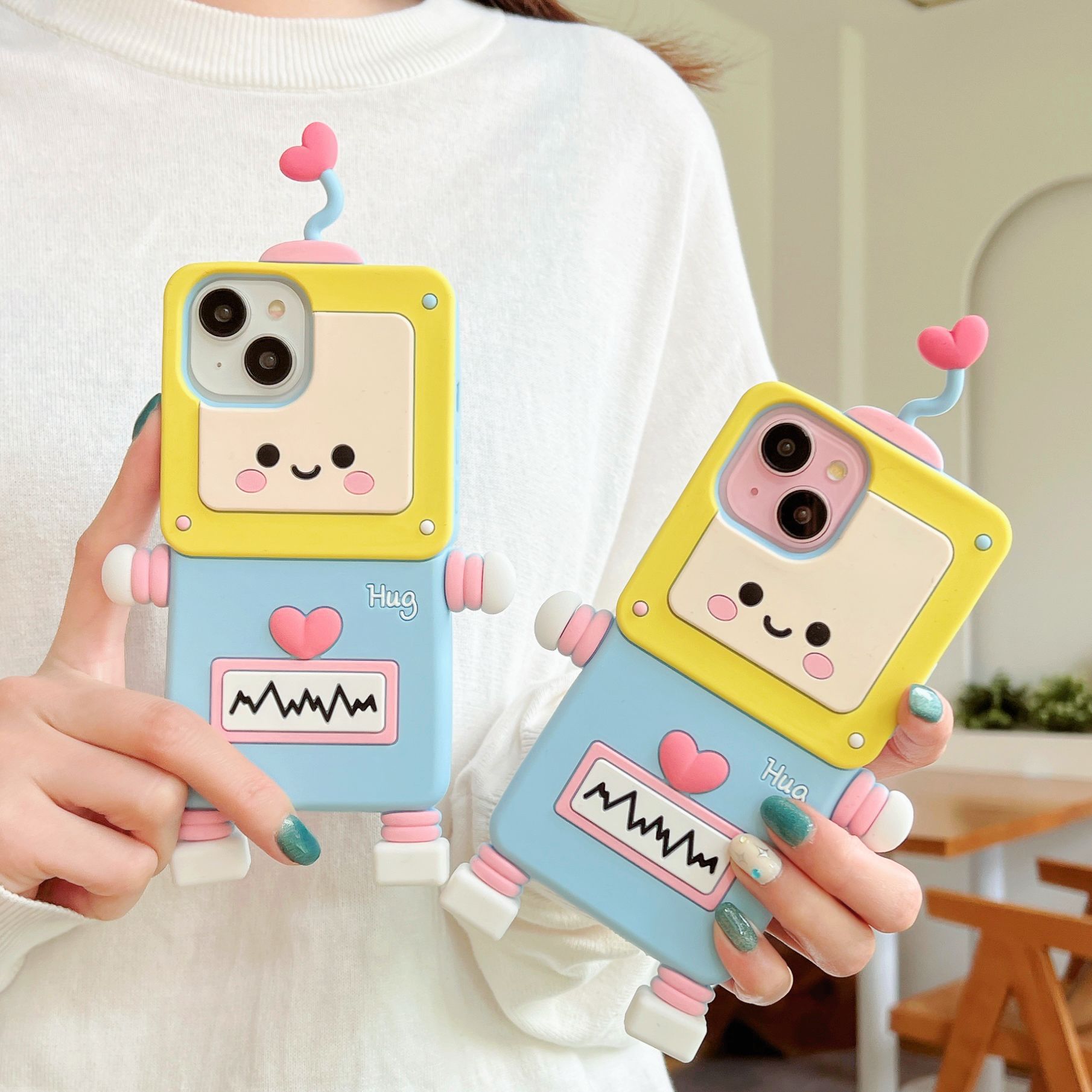 Material: Plastic, Color: Beige - New Cartoon Love Antenna Robot Phone Case For iPhone 15 14 13 12 Pro Max 11 Drop Resistant Case Card