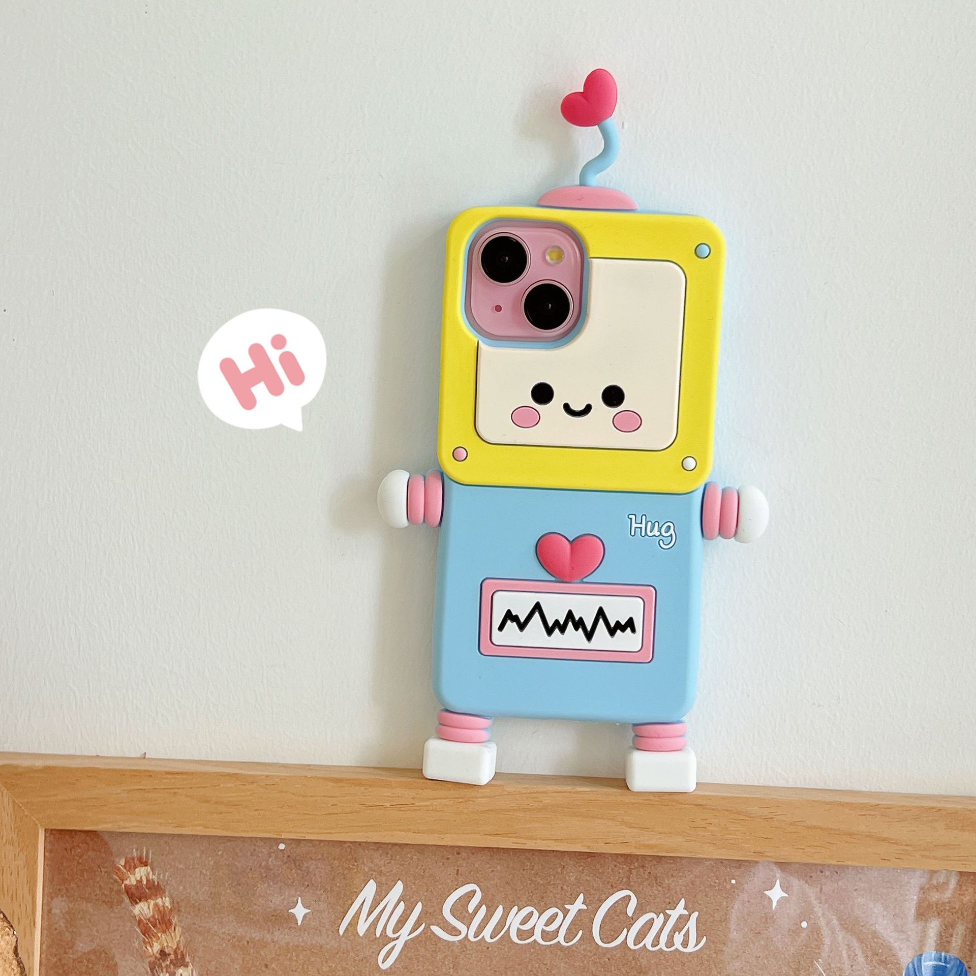 Material: Plastic, Color: Beige - New Cartoon Love Antenna Robot Phone Case For iPhone 15 14 13 12 Pro Max 11 Drop Resistant Case Card