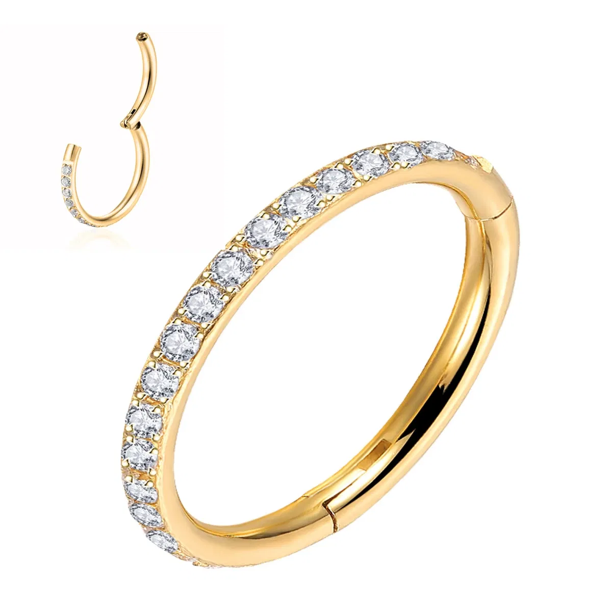 Metal color: Gold-color, Main Stone Color: black - G23 Titanium Piercing Hinged Segment Hoops CZ Stone Nose Rings Ear Cartilage Tragus Helix Earrings Piercing Body Jewelry