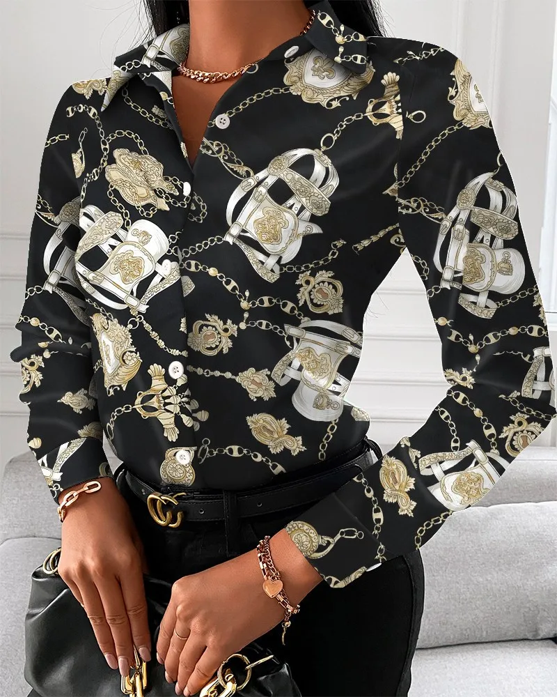 Color: Yellow, Size: L - Women Fashion Wild Shirts Chain/Floral/Letter/Geometric Square Print Turn-Down Collar Long Sleeve Blouses