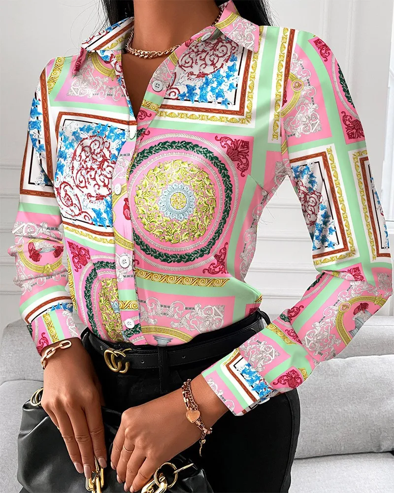 Color: Yellow, Size: L - Women Fashion Wild Shirts Chain/Floral/Letter/Geometric Square Print Turn-Down Collar Long Sleeve Blouses