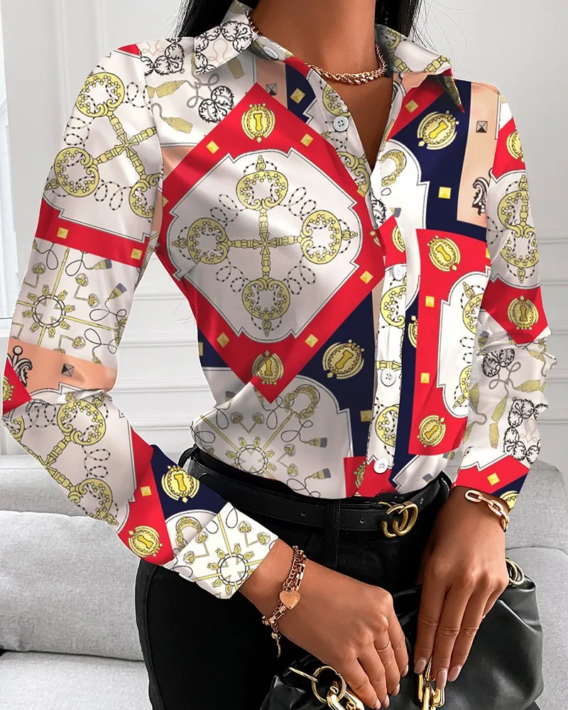 Color: Yellow, Size: L - Women Fashion Wild Shirts Chain/Floral/Letter/Geometric Square Print Turn-Down Collar Long Sleeve Blouses