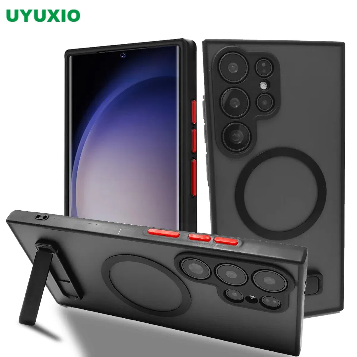 Color: Beige, Material: PE - UYUXIO Translucent Magnetic Mobile Phone Case with Kickstand for Samsung Galaxy S25 Ultra S24 S23 FE S22 Plus Slim Stand Cover