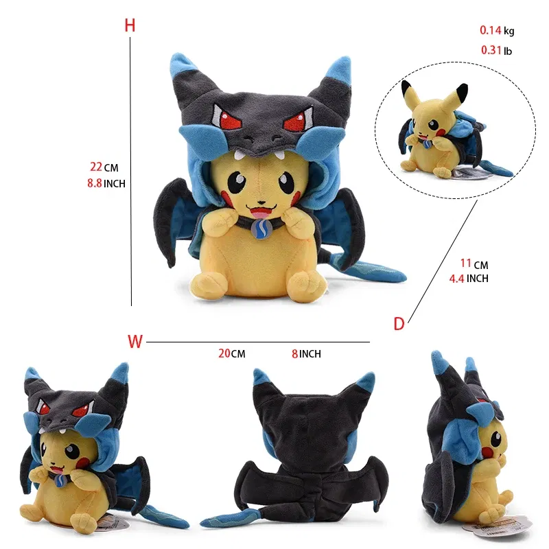 Color: NAVY - Cos Eevee Pikachu Cosplay Plush Toys Pikachu Peluche Lucario Stuffed Animal Doll Collectible Gift,Cartoon 20-30CM