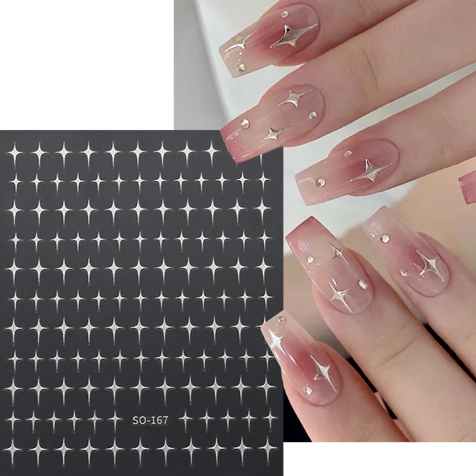 Color: WHITE - Sliver Stars Nails Stickers 3D Bronzing Laser White Cross Starlight Glossychic Y2k Stylish Adhesive Manicure Decorations SO-167
