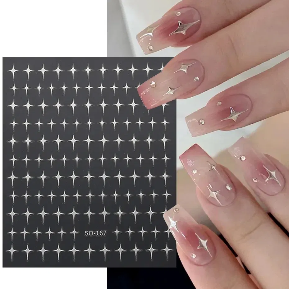 Color: WHITE - Sliver Stars Nails Stickers 3D Bronzing Laser White Cross Starlight Glossychic Y2k Stylish Adhesive Manicure Decorations SO-167