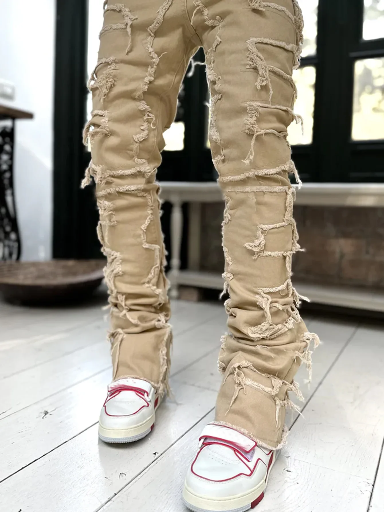 Color: GRAY, Size: XL - Men's Regular Fit Stacked Jeans Ripped Slim Fit Patch Distressed Destroyed Straight Denim Pants Hip Hop Streetwear Trouser Cloth