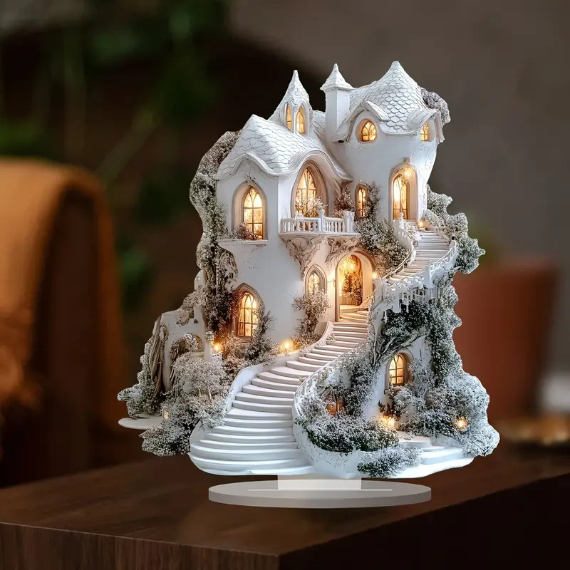 Charming White Winter Snow House Acrylic Tabletop Decor