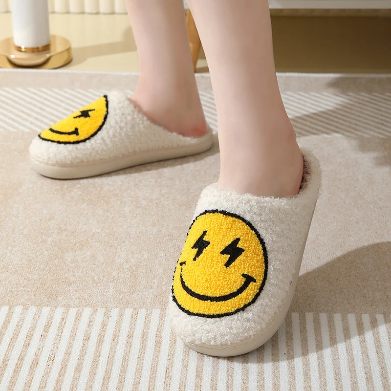 Color: Beige, Shoe Size: 45 - Leopard Print Winter Slippers Women Lightning Smile Face Fluffy Fur Slippers Woman Indoor Anti-slip Furry Couple Cotton Slides