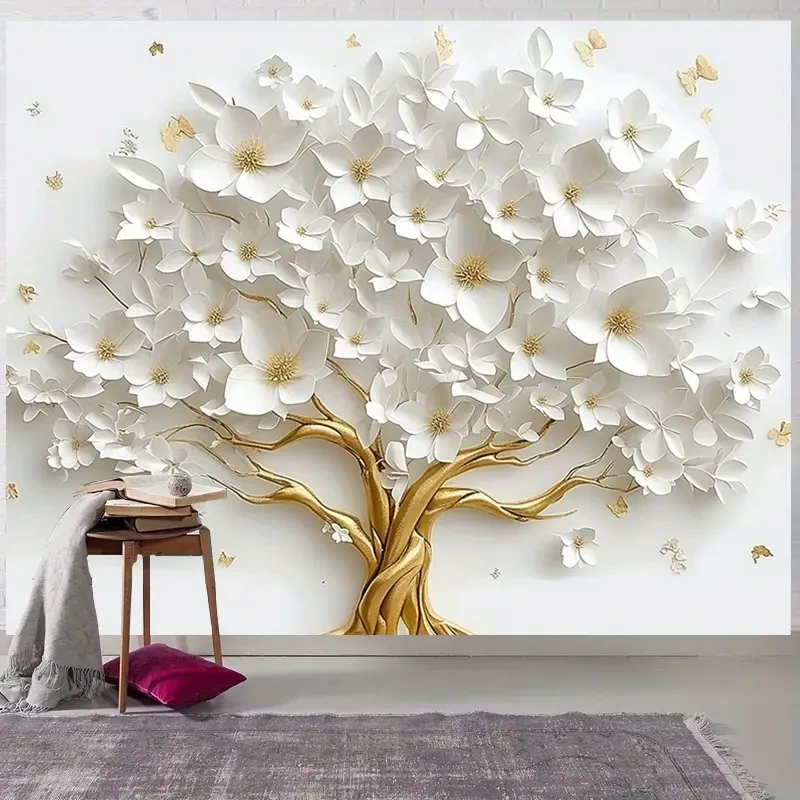 3D White Tree of Life with Gold Floral Backdrop