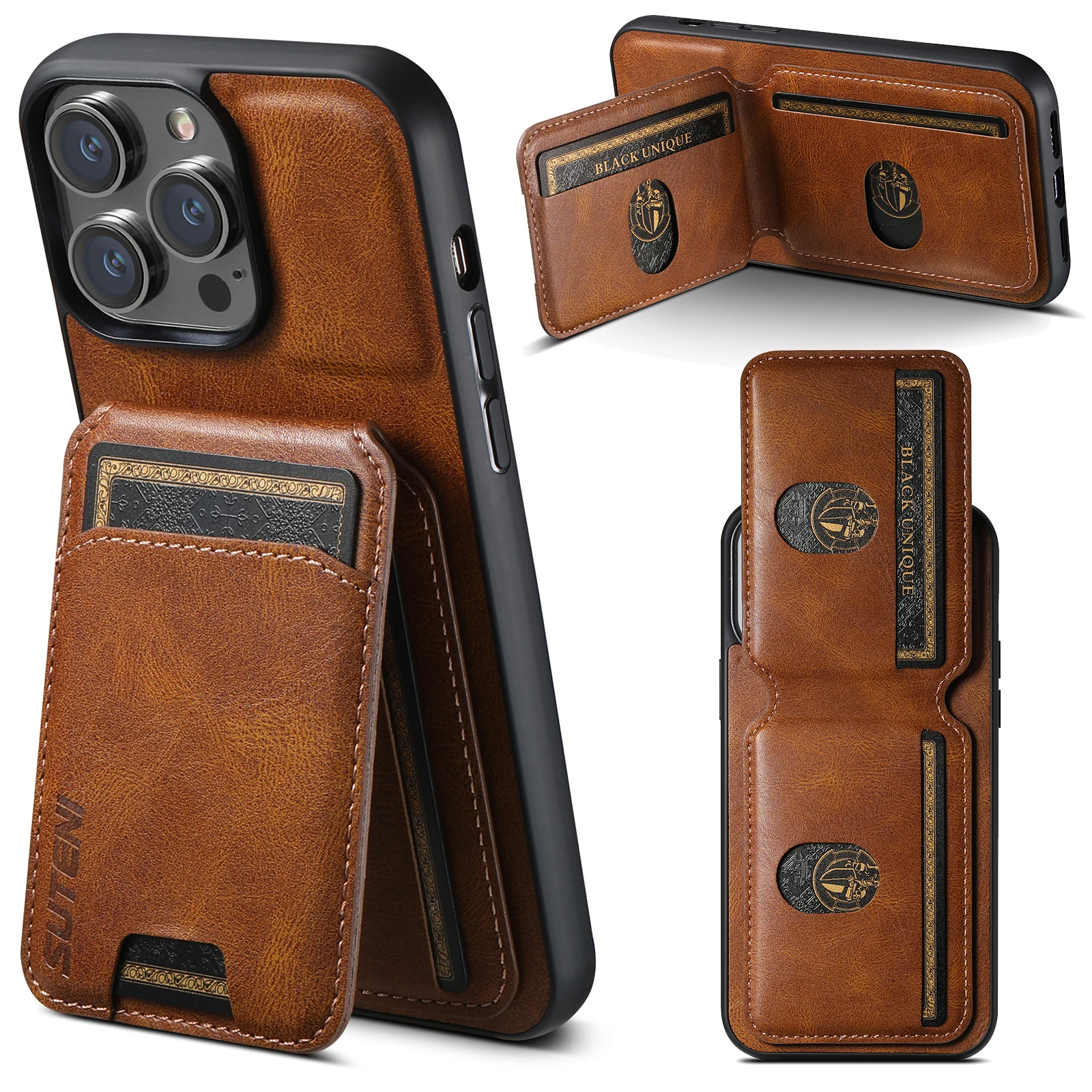 Color: Coffee, Material: Aluminum - SUTENI Card Holder Leather Magnetic Pocket Cover Wallet Phone Case For iPhone X XS XR 11 12 13 14 15 Pro Max Plus