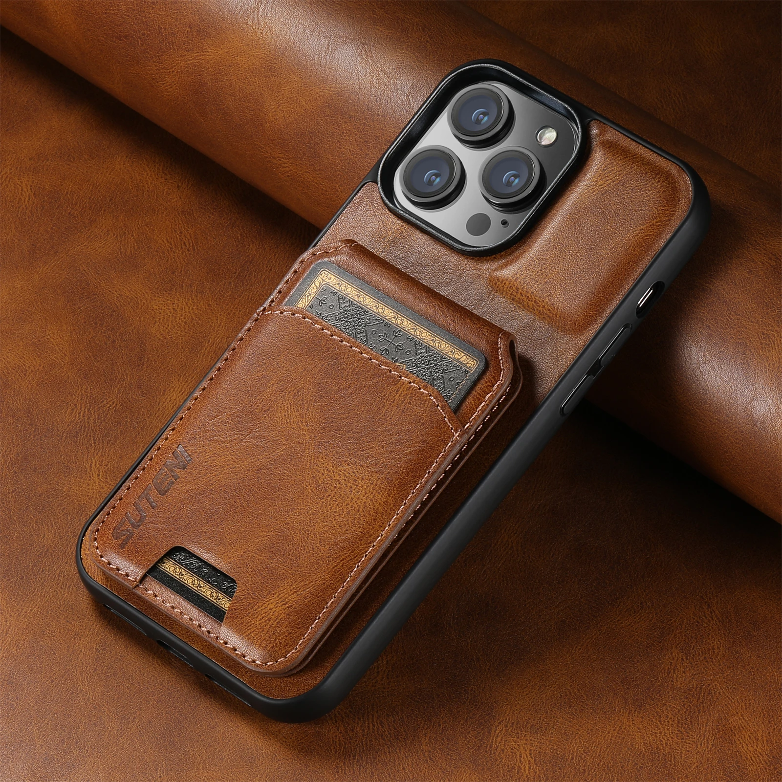 Color: Coffee, Material: Aluminum - SUTENI Card Holder Leather Magnetic Pocket Cover Wallet Phone Case For iPhone X XS XR 11 12 13 14 15 Pro Max Plus