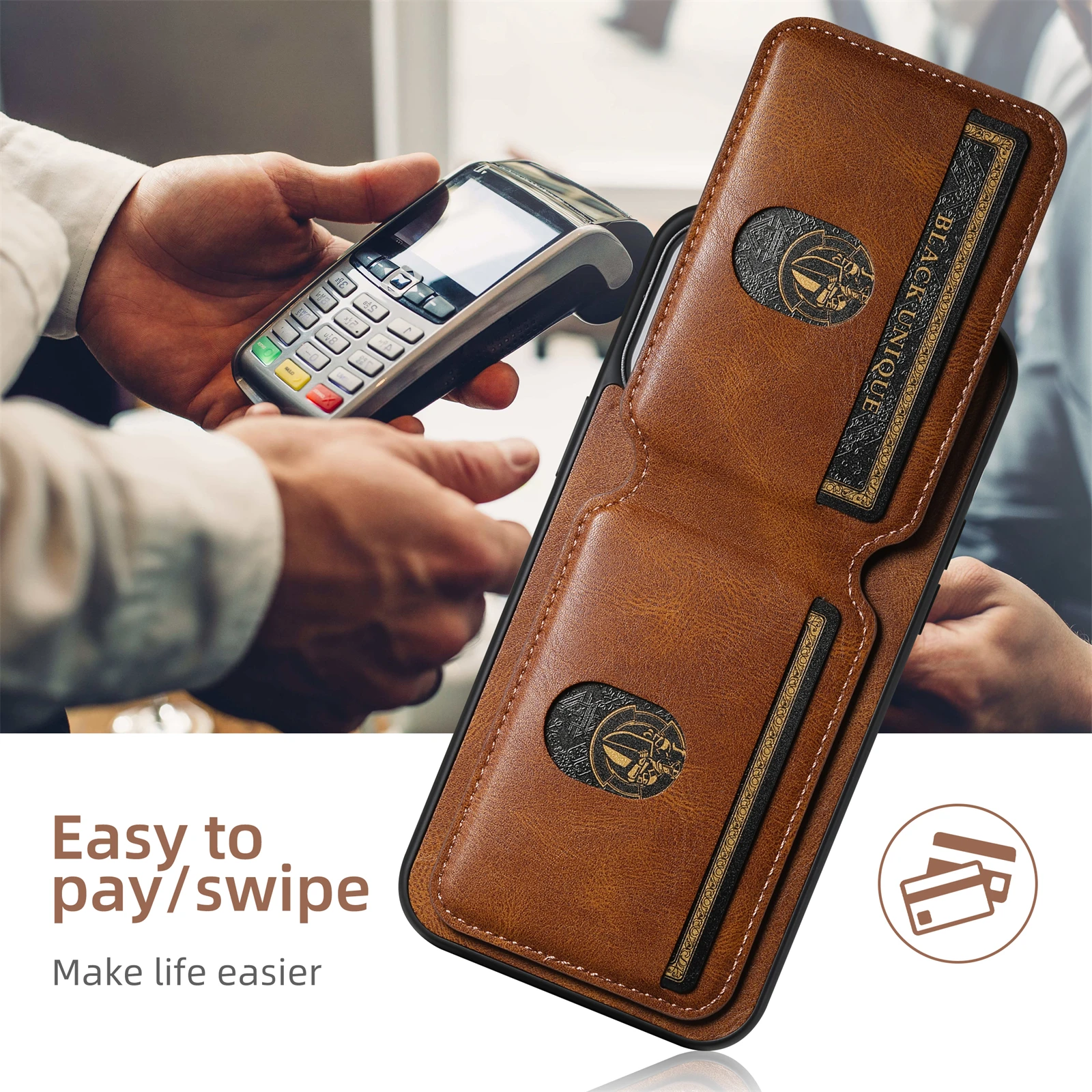 Color: Coffee, Material: Aluminum - SUTENI Card Holder Leather Magnetic Pocket Cover Wallet Phone Case For iPhone X XS XR 11 12 13 14 15 Pro Max Plus