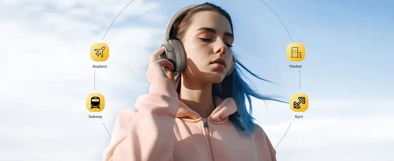 Picun ANC-05 Hybrid Active Noise Cancelling Headphones With Built-in Microphone, 100H Playing Time Hi-Res Audio & Deep Bass Wireless Over Ear Foldable Headphones For Travel, Home, Office, Gym