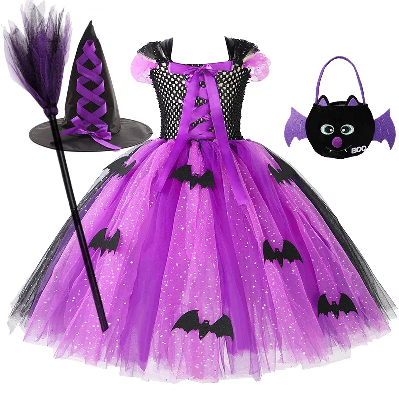 Color: black, Kid Size: 2T - Halloween Witch Tutu Dress for Girls Handmade Mesh Bat Wizard Cosplay Costumes with Hat Broom Toddler Evil Party Clothes Set