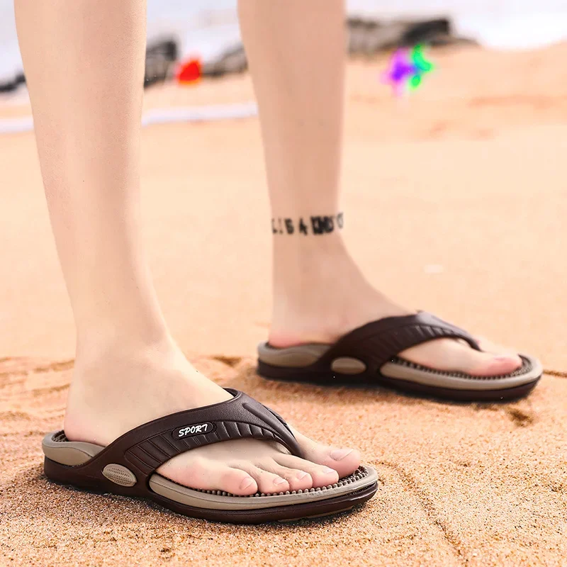 Color: Brown, Shoe Size: 44 - Massage Flip Flops for Men Summer Breathable Beach Shoes Sandals Men Luxury Flip Flops Breathable Plus Big Size Men Slippers 46