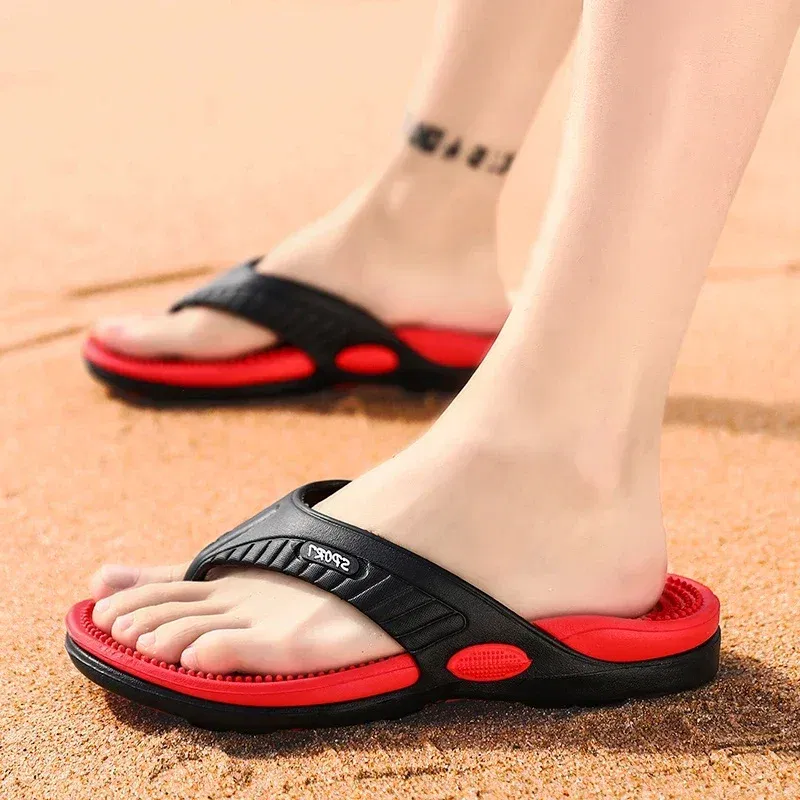 Color: Brown, Shoe Size: 44 - Massage Flip Flops for Men Summer Breathable Beach Shoes Sandals Men Luxury Flip Flops Breathable Plus Big Size Men Slippers 46