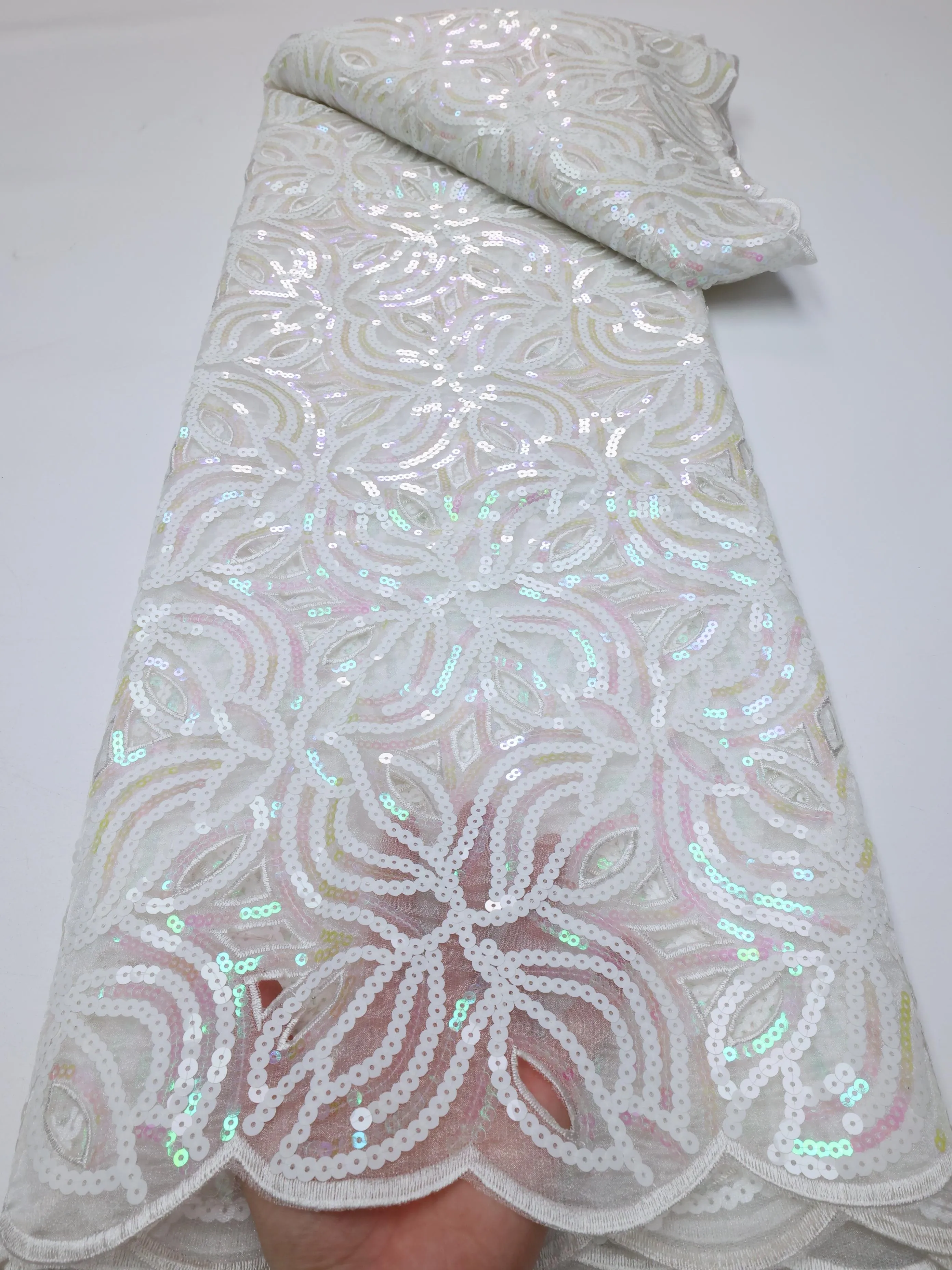 Color: pink, length: 5 yards, Width: 120cm - 2025 High grade African Organza Cutout Lace Clean Holed Sequins Voile Fine Textured Nigerian Fabric For Occasions Celebrants