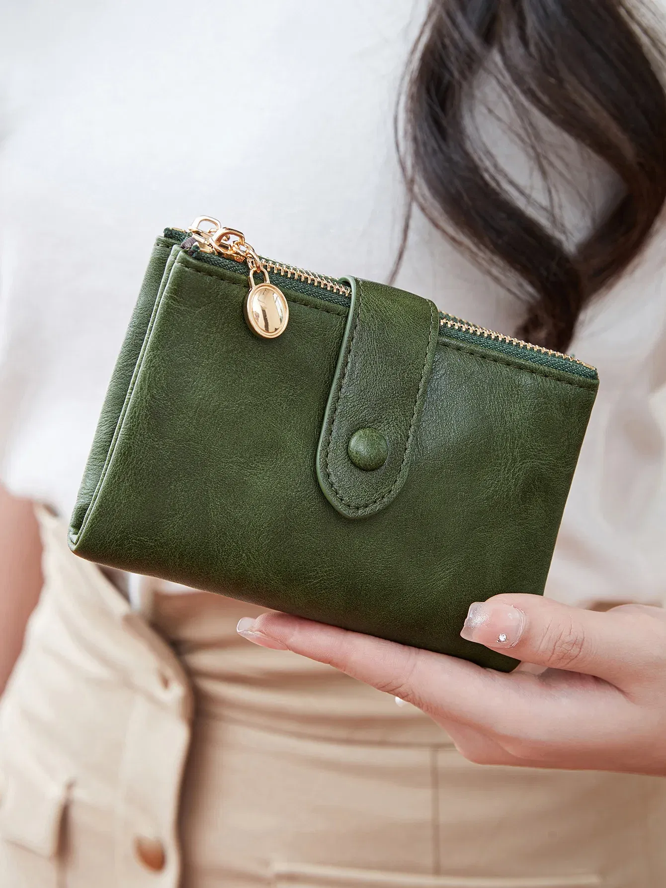 Color: Burgundy - Minimalist Women's Wallet Short Three Layer Large Capacity Double Zipper Card Holder ID Card Credit Bank Card Holder Money Bag