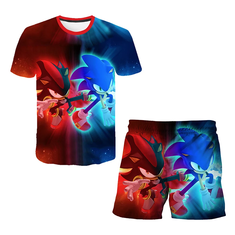 Color: green, Size: 12cm - New Japanese cartoon Sonic T-shirt children's top T-shirt shorts two-piece set summer boy cartoon cute T-shirt+beach pants