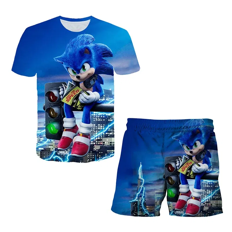 Color: green, Size: 12cm - New Japanese cartoon Sonic T-shirt children's top T-shirt shorts two-piece set summer boy cartoon cute T-shirt+beach pants