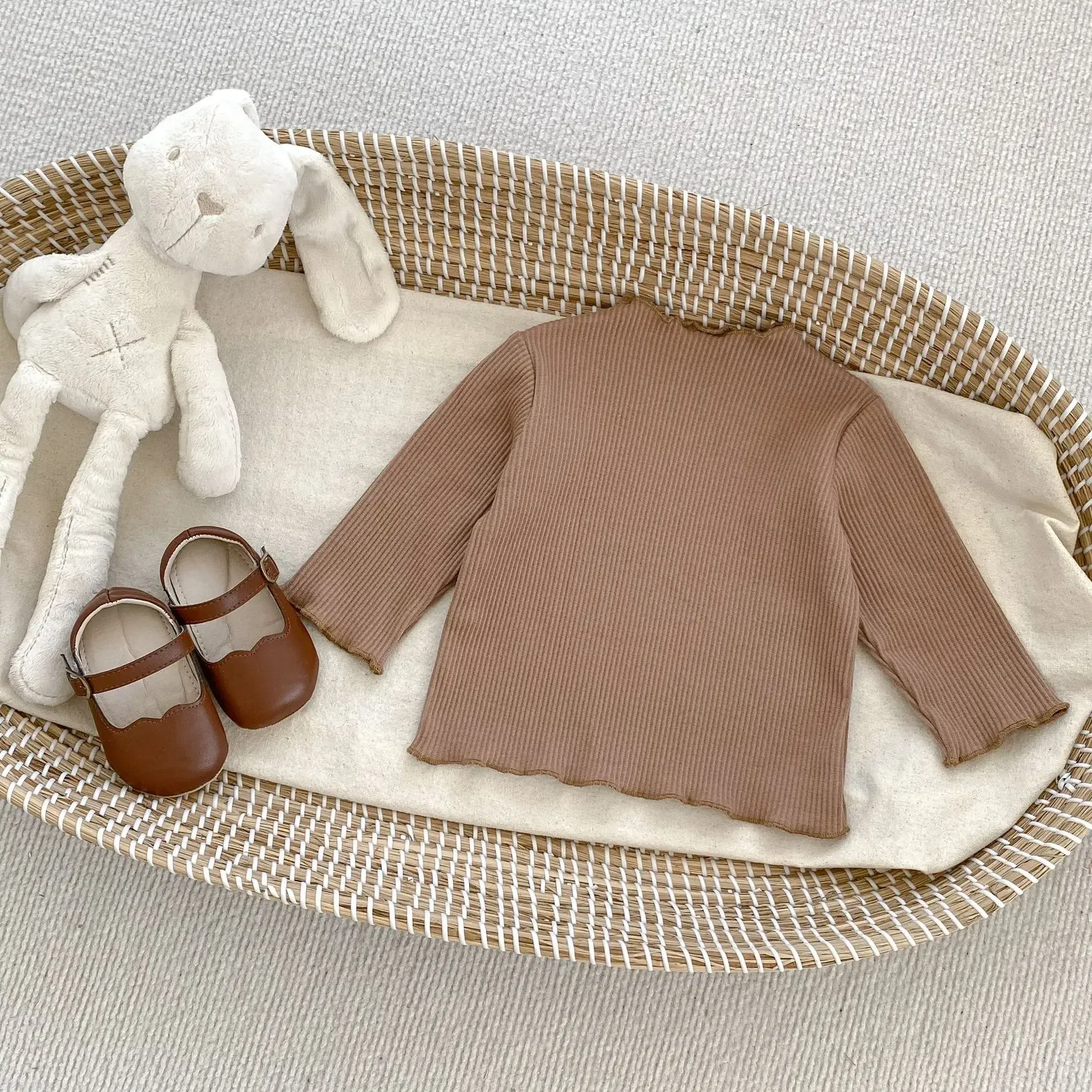 Color: GRAY, Kid Size: 4T - New Baby Long Sleeve T Shirt Girls Cotton Casual Tees Infant Ruffled Versatile Shirts Kids Floral Striped Bottoming Tops