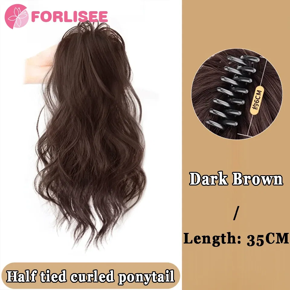 Color: T1B/4/30 - Synthetic Tassel Bow Claw Clip Ponytail Temperament Slightly Curly Hair Natural Heat-resistant Chemical Fiber Wig Ponytail