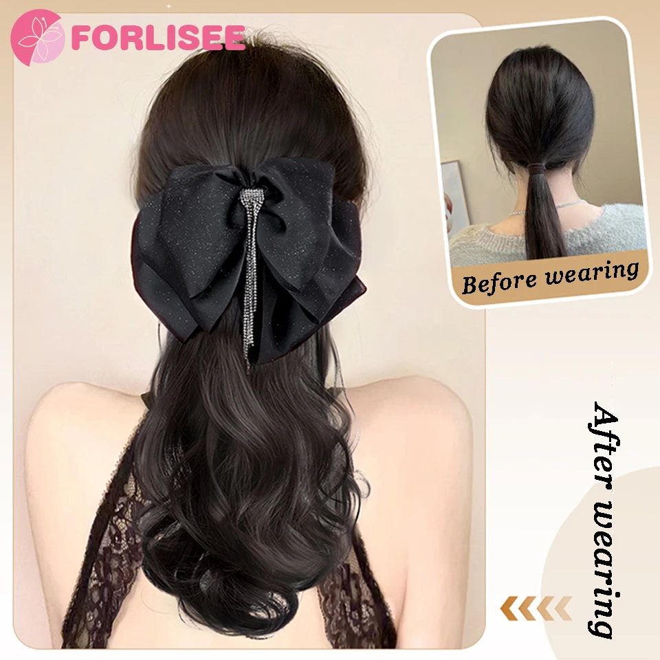 Color: T1B/4/30 - Synthetic Tassel Bow Claw Clip Ponytail Temperament Slightly Curly Hair Natural Heat-resistant Chemical Fiber Wig Ponytail
