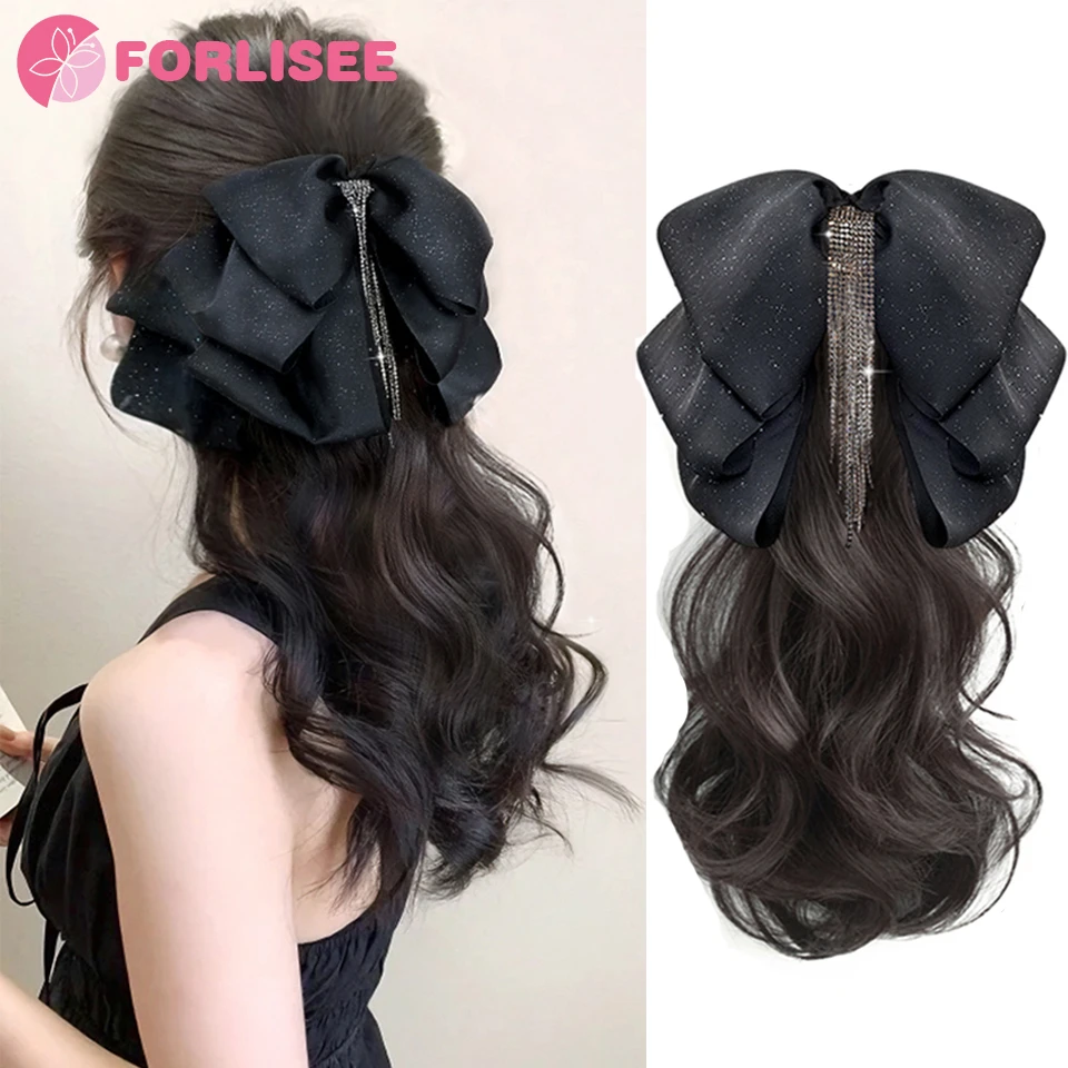 Color: T1B/4/30 - Synthetic Tassel Bow Claw Clip Ponytail Temperament Slightly Curly Hair Natural Heat-resistant Chemical Fiber Wig Ponytail
