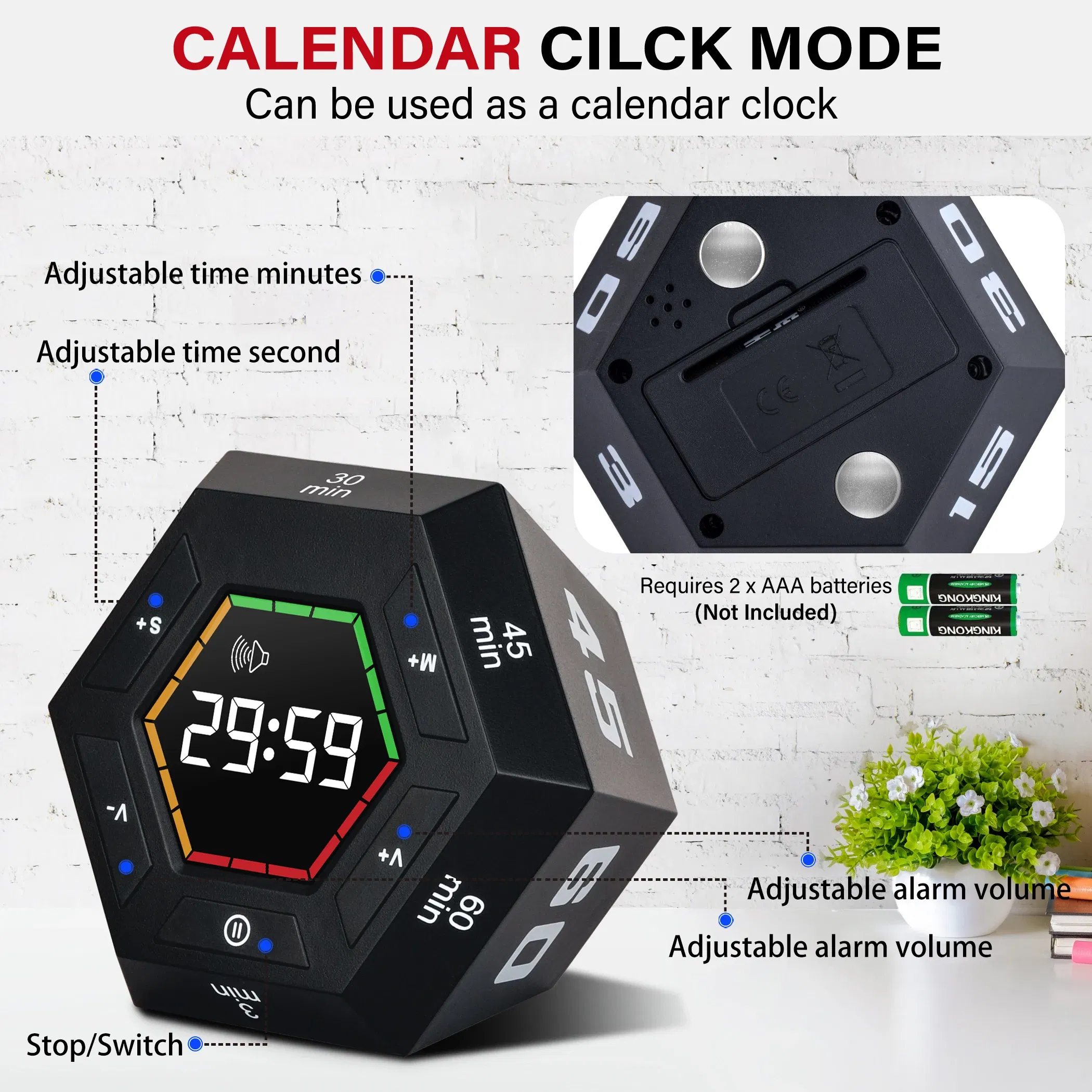 Color: WHITE - Hexagon Visual Flip Timer for kids Digital Study Pomodoro Cooking Timers Silent timing Magnetic Smart Productivity Kitchen Time