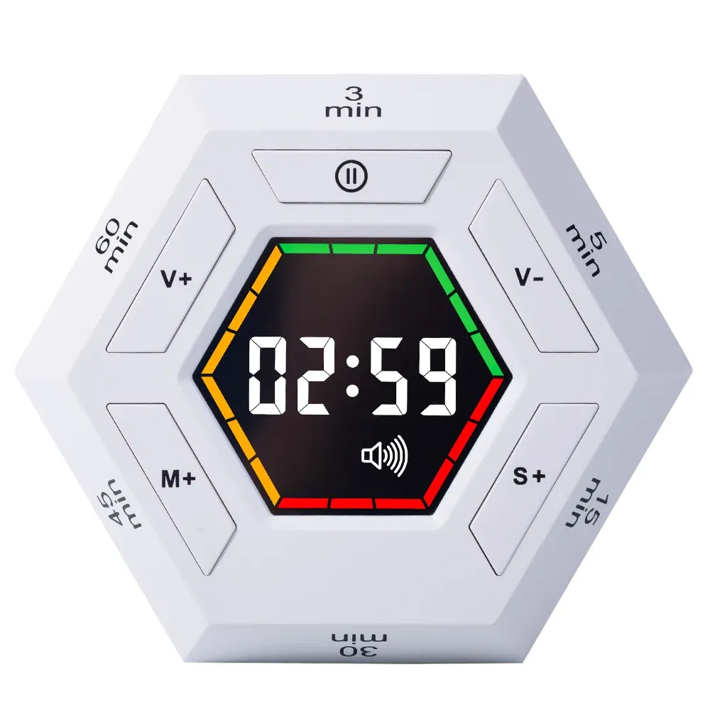 Color: WHITE - Hexagon Visual Flip Timer for kids Digital Study Pomodoro Cooking Timers Silent timing Magnetic Smart Productivity Kitchen Time