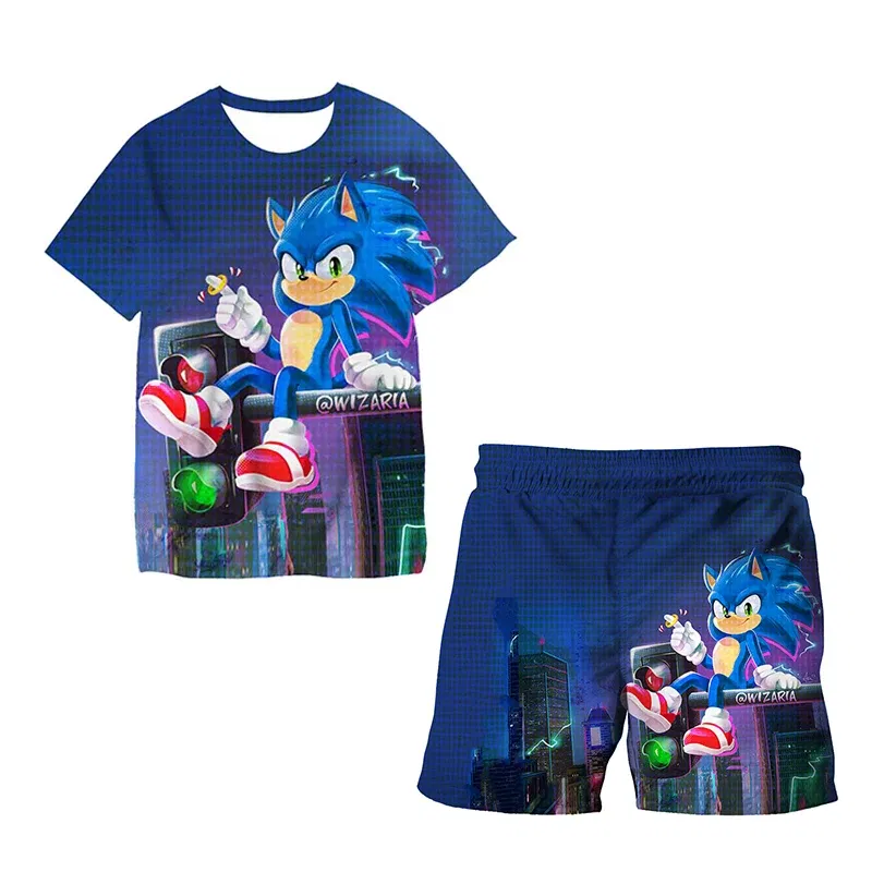 Color: Burgundy, Size: M - New Japanese cartoon Sonic T-shirt children's top T-shirt shorts two-piece set summer boy cartoon cute T-shirt+beach pants