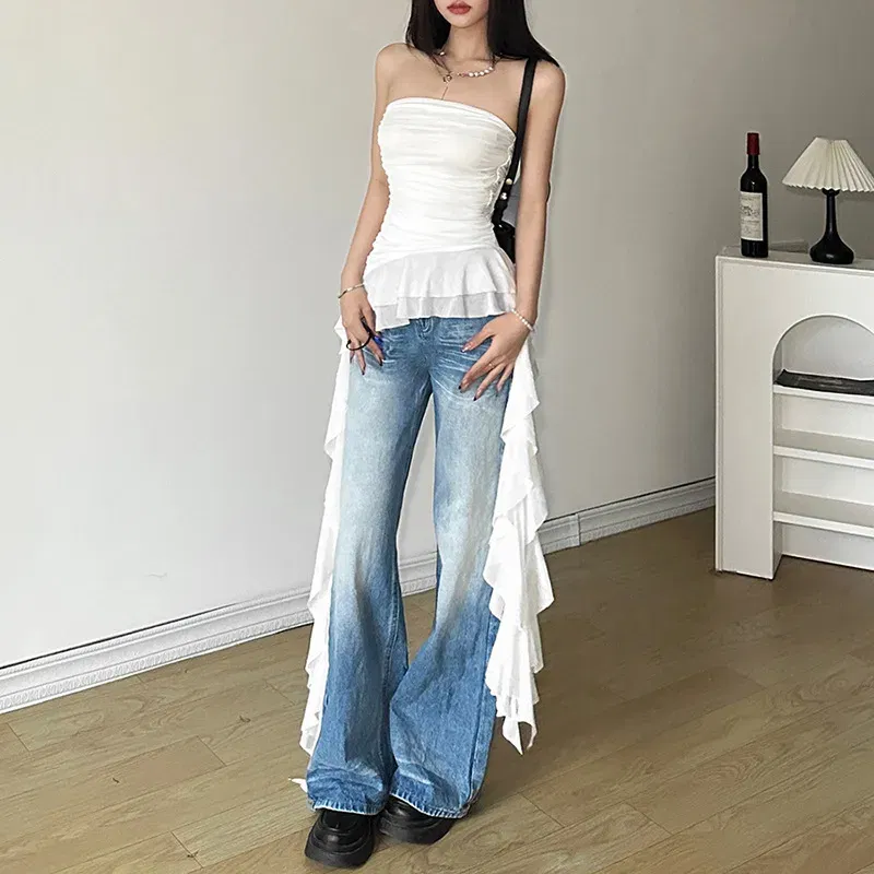 Color: black, Size: S - Nibber 2024 Spring New Solid Color Sweet Gentle Cute All-match High Street Travel Sexy Cool Women Chest Wrap ruched Tassel Vest