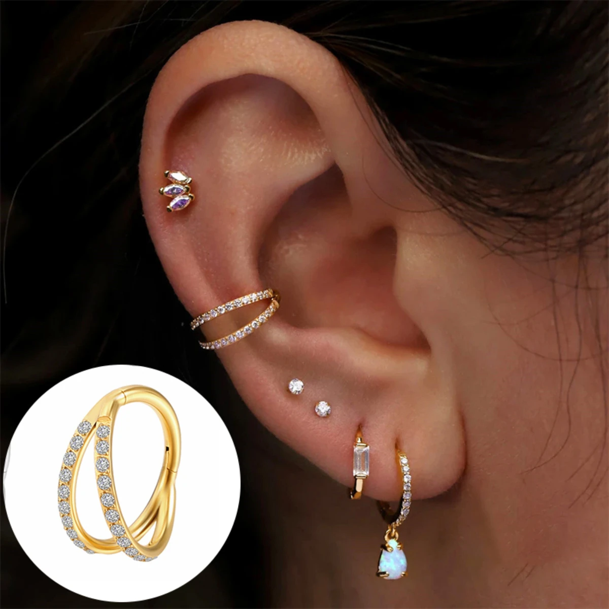 Metal color: Antique Bronze Plated, Main Stone Color: WHITE - G23 Titanium Piercing Hinged Segment Hoops CZ Stone Nose Rings Ear Cartilage Tragus Helix Earrings Piercing Body Jewelry