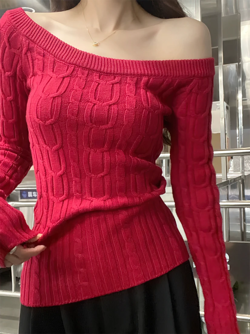 Color: black, Size: M - Casual Off shoulder Rib Knit Sweater Pull Women Long sleeve Top Basic Tees White Slim Pullovers Lady Sexy One Shoulder New