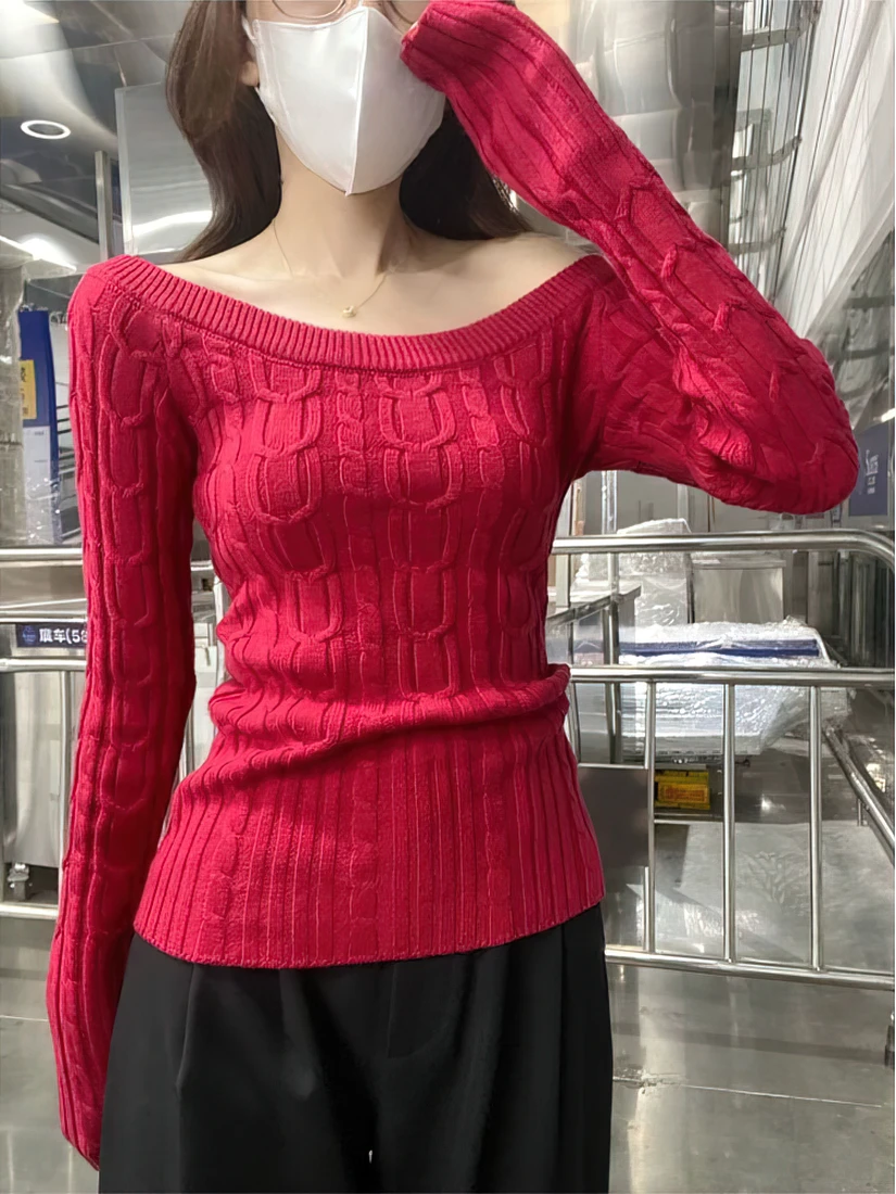 Color: black, Size: M - Casual Off shoulder Rib Knit Sweater Pull Women Long sleeve Top Basic Tees White Slim Pullovers Lady Sexy One Shoulder New