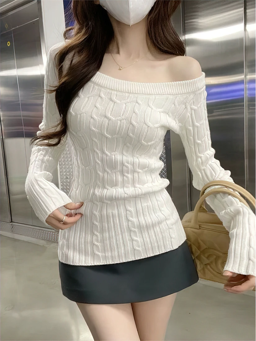 Color: black, Size: M - Casual Off shoulder Rib Knit Sweater Pull Women Long sleeve Top Basic Tees White Slim Pullovers Lady Sexy One Shoulder New