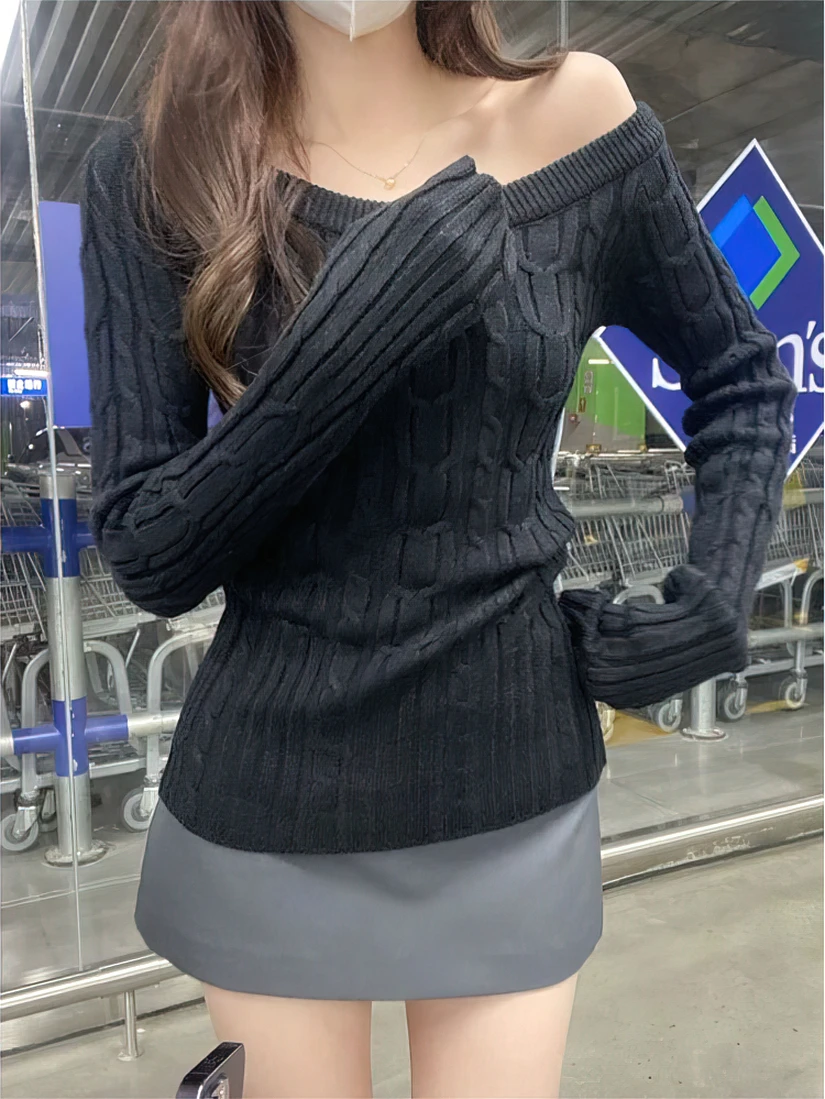 Color: black, Size: M - Casual Off shoulder Rib Knit Sweater Pull Women Long sleeve Top Basic Tees White Slim Pullovers Lady Sexy One Shoulder New
