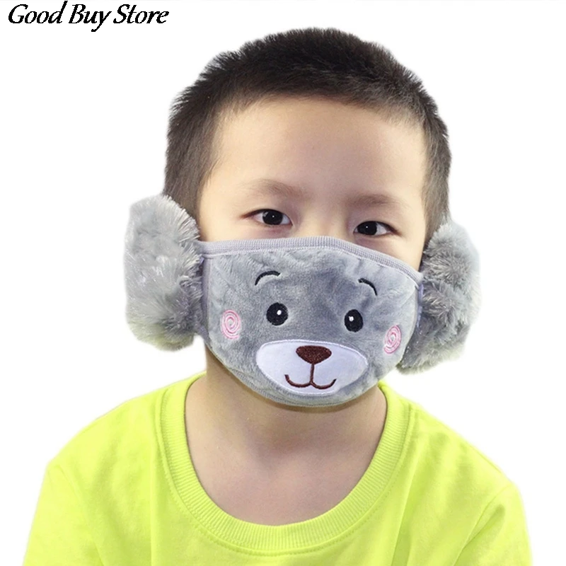 Color: army green - Cartoon Bear Earmuffs Children Autumn Winter Fur Earmuff Mouth Cover Kids Comfortable Ear Muff Ear Warmer Skiing Warm Earlap