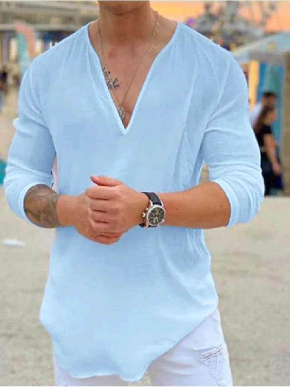 Color: Blue, Size: XL, Ships From: CHINA - New men's Casual Shirt Trend Fashion V-Neck Loose Street Style Solid Color Long-Sleeved Pullover Spring And Autumn Tops