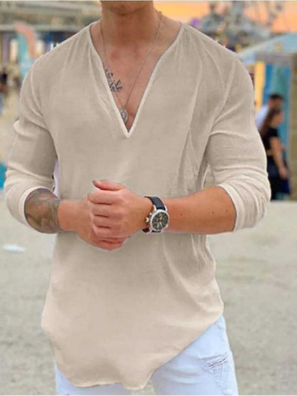 Color: Blue, Size: XL, Ships From: CHINA - New men's Casual Shirt Trend Fashion V-Neck Loose Street Style Solid Color Long-Sleeved Pullover Spring And Autumn Tops