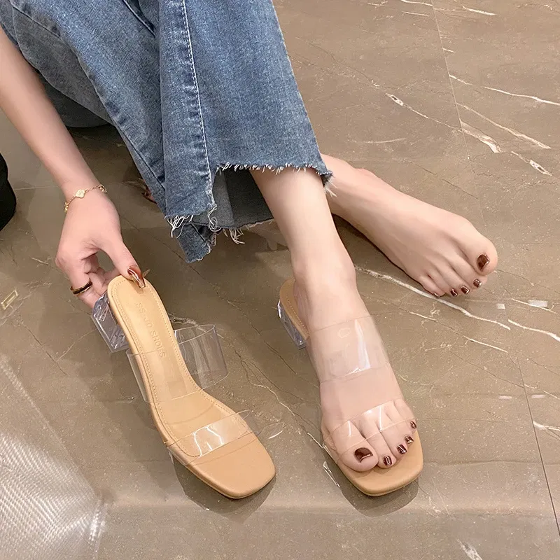 Color: Khaki, Shoe Size: 39 - Summer New Transparent Sexy Square Head Open Toe Outwear Women Large Comfortable High Heel Sandals and Slippers Single Shoe