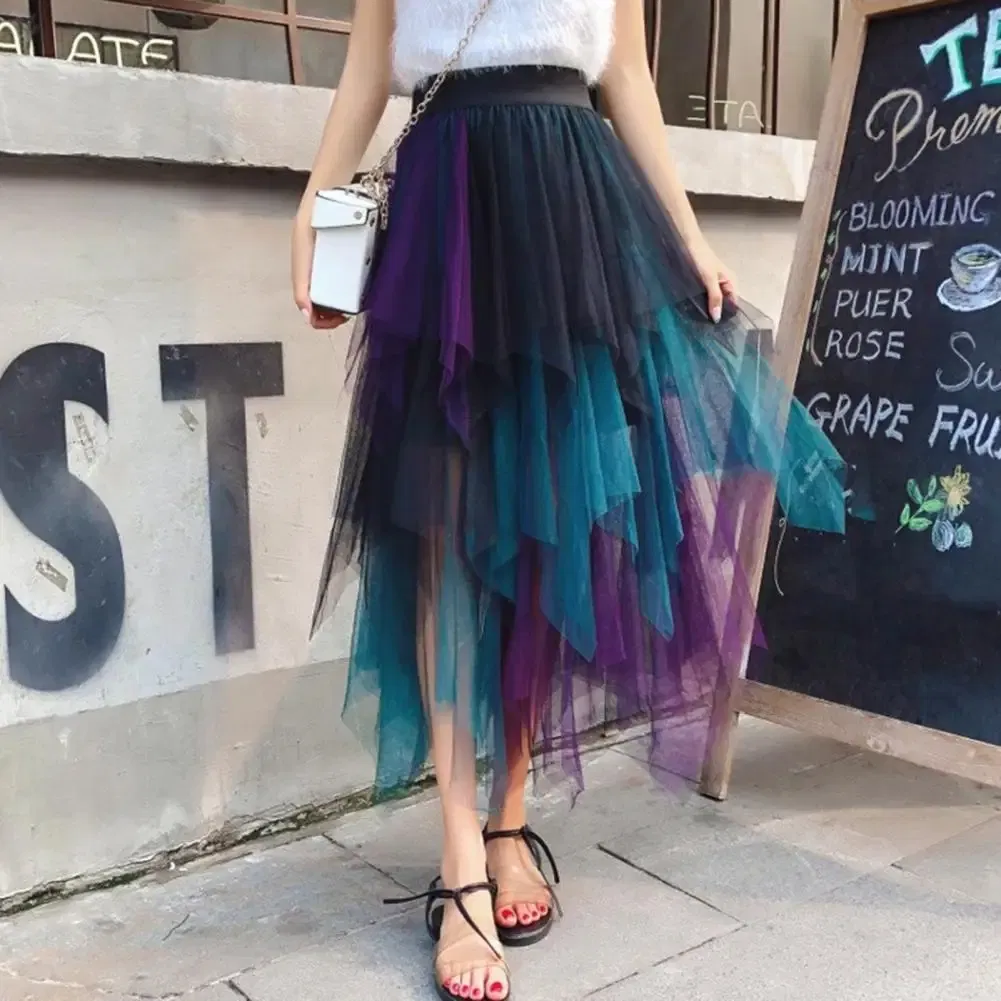 Color: Blue, Size: S - 2025 Irregular Mesh Women Skirt High Elastic Waist Colorful Mesh Multi-layered Soft Mid-calf Length Pleated Women Midi Skirt
