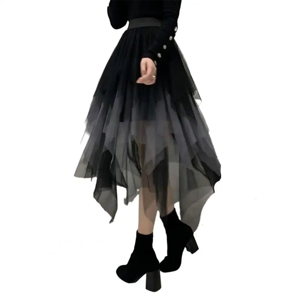 Color: Blue, Size: S - 2025 Irregular Mesh Women Skirt High Elastic Waist Colorful Mesh Multi-layered Soft Mid-calf Length Pleated Women Midi Skirt