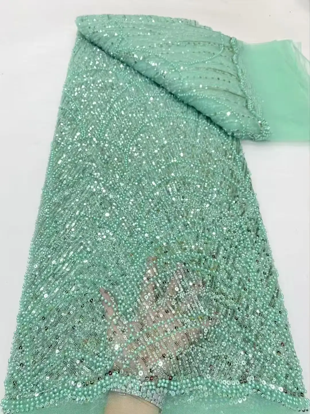 Color: Beige, Width: 120cm, Length: 5 yards - Luxury Sky Blue French Tulle Lace Fabric with Sequins Beads for Bridal Dress Nigerian Groom High Quality African Wedding Gown Ma