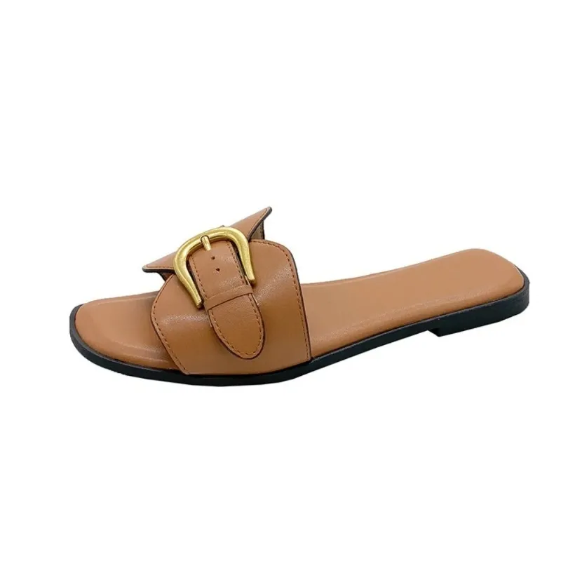 Color: Brown, Shoe Size: 38 - Slippers Casual Fretwork Heels String Bead Shoes Woman 2024 Pantofle Shale Female Beach Luxury Soft Flat New Sabot Fashion Slide