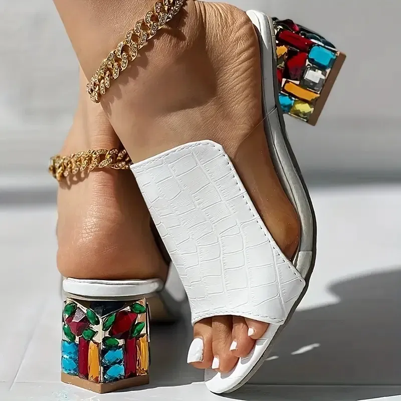 Color: WHITE, Shoe Size: 36 - Women Crystal Sandals 2024 New Spring Summer Open Toe Sandals Square Heels Beach Fashion Sandals Women Sandalias De Mujer